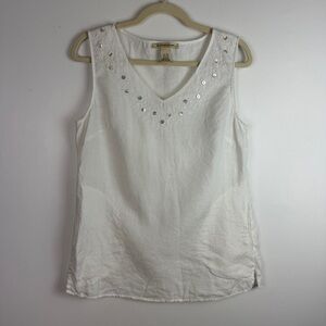 White Sleeveless 100% Linen Top Size Medium with Embellishments